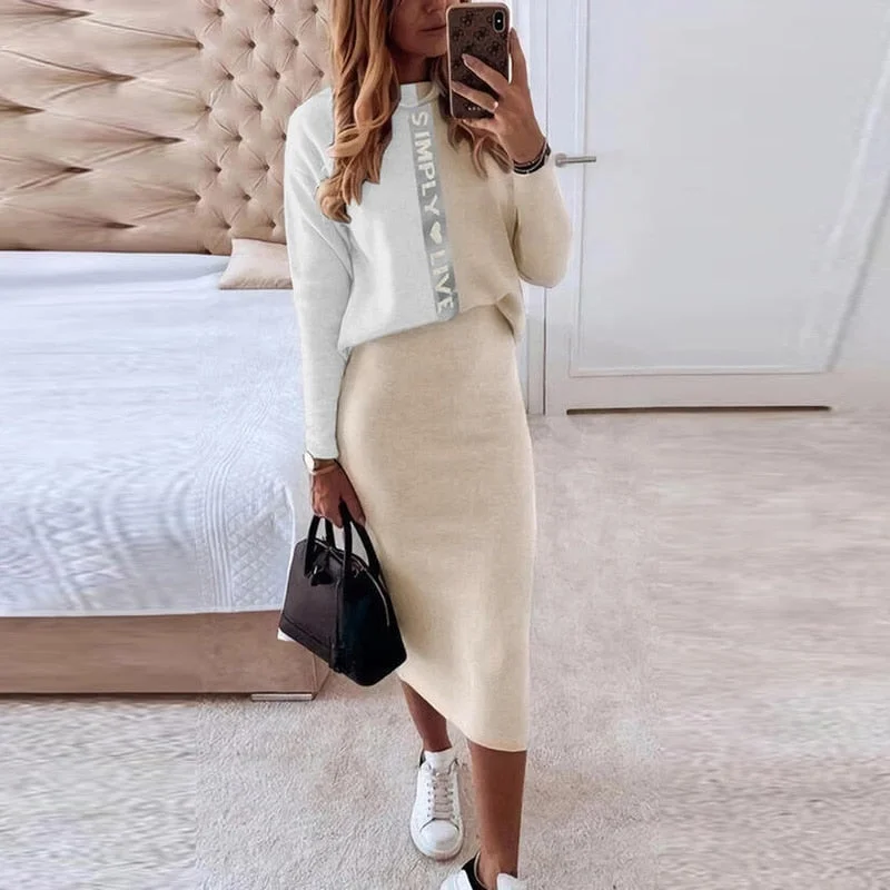 Steals and Deals Awakecrm Women Elegant O-Neck Pullover Tops And Skirts Set Casual Long Sleeve Sweatshirt Outfits Fashion Print Lady Dress Two Piece Suits
