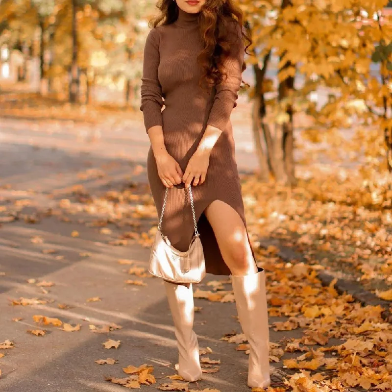 The Best Prices Back to school Autumn Women Vintage Sexy Solid Knitted Sheath Dress Female Party Casual Slim Half High Collar Split Midi Dresses