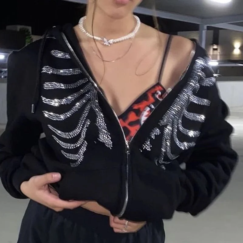 Referral Discount Awakecrm Y2K Rhinestone Skeleton Hoodies Women Gothic Black Zip Up Oversized Sweatshirts Autumn Female Harajuku Hooded Jacket Streetwear