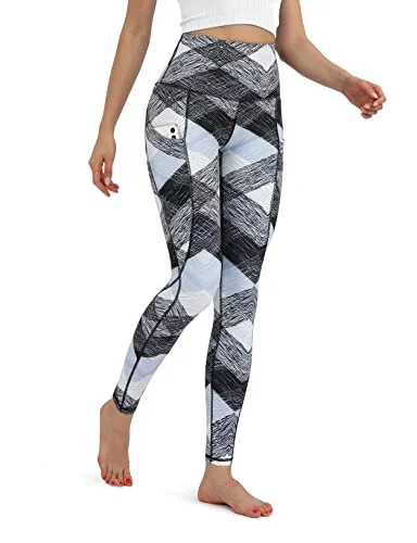 Special Price ODODOS Women's High Waisted Pattern Leggings with Pockets, Tummy Control Non See Through Athletic Workout Running Yoga Legging Pants, SketchedChevronSkyBlue, Large