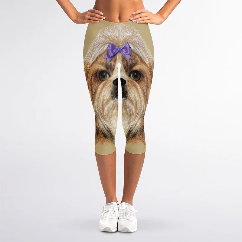 Can't Be Beat Shih Tzu Portrait Print Women's Capri Leggings