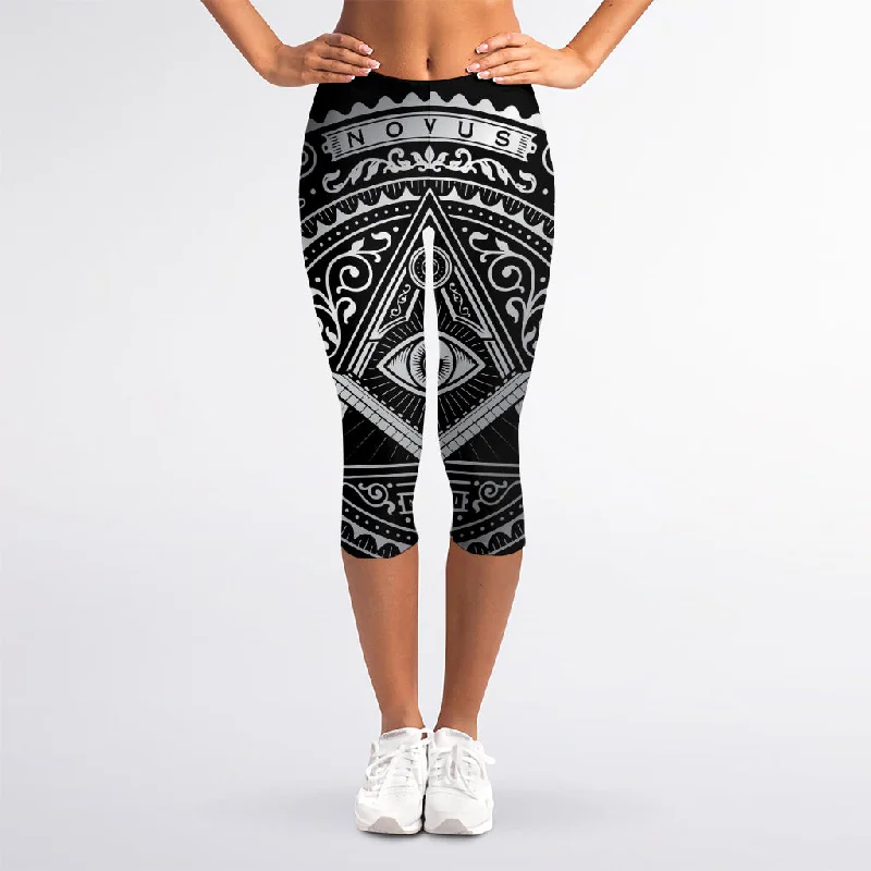 YEAR-End Sale Silver And Black All Seeing Eye Print Women's Capri Leggings