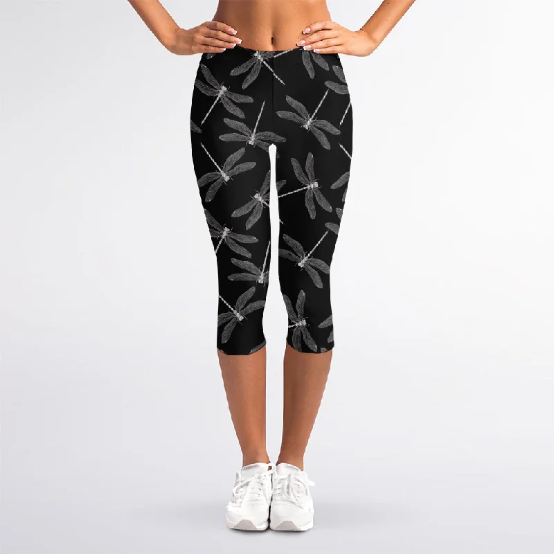 Now or Never Silver Dragonfly Pattern Print Women's Capri Leggings