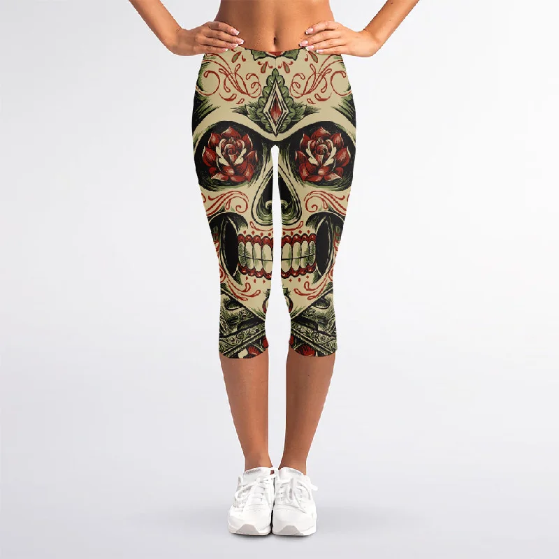 Price Cut Skull And Roses Tattoo Print Women's Capri Leggings