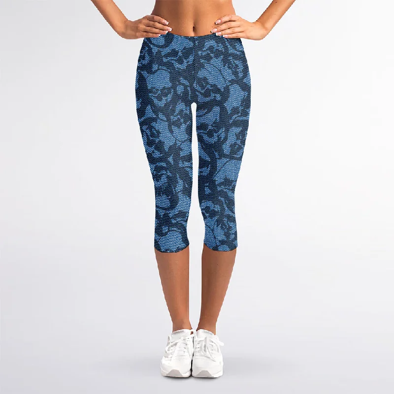 Instant Discount Skull Denim Jeans Pattern Print Women's Capri Leggings