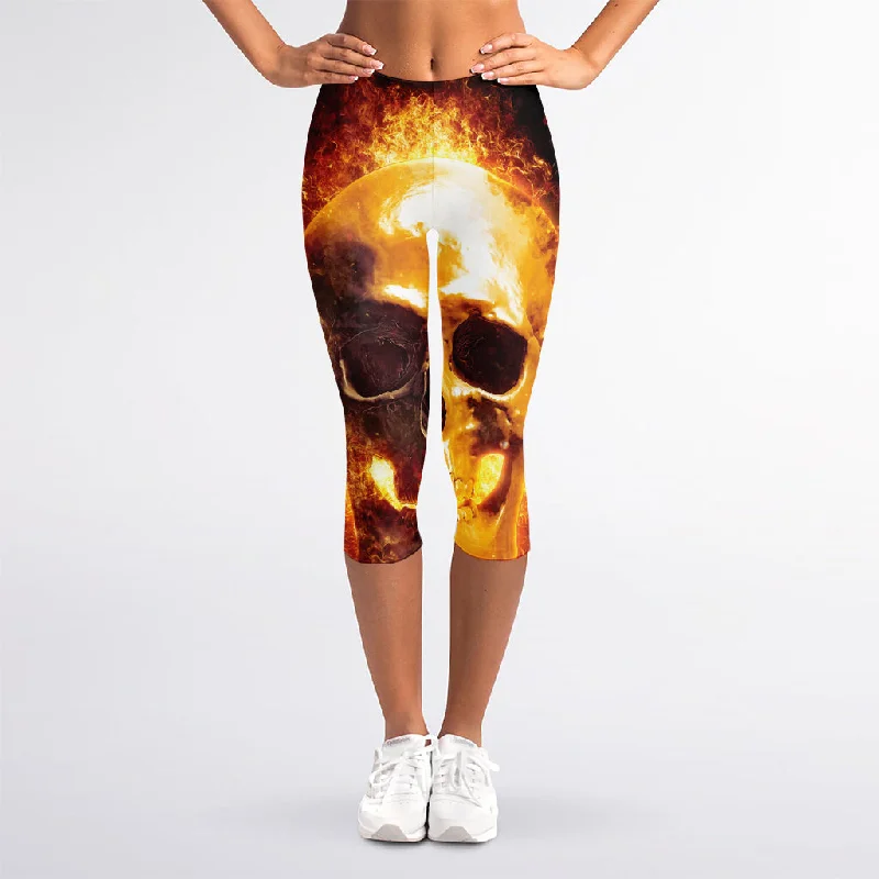 Markdowns Skull In Flames Print Women's Capri Leggings