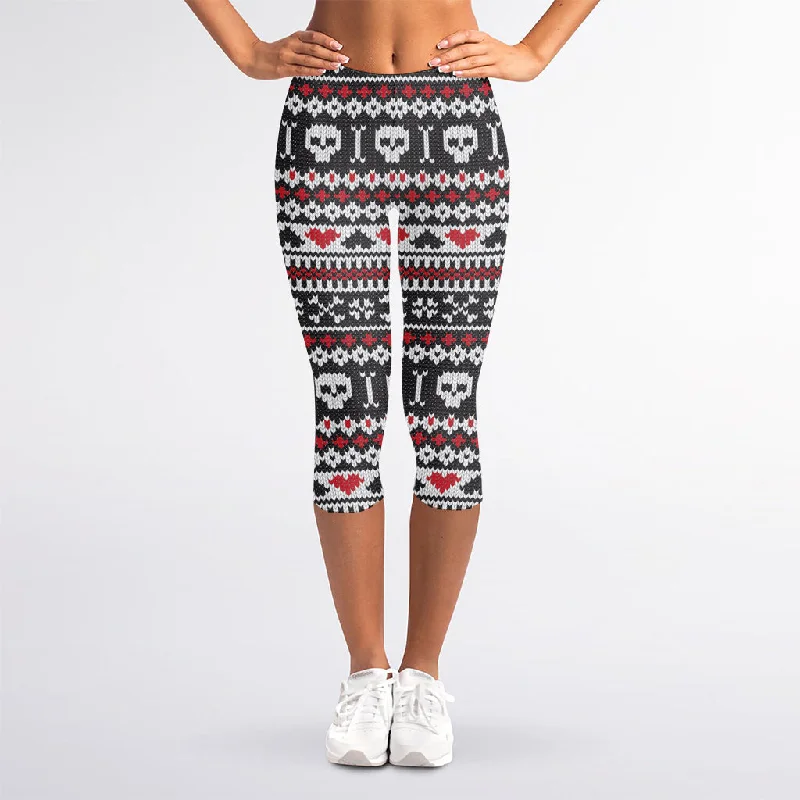 Crazy Deals Skull Knitted Pattern Print Women's Capri Leggings