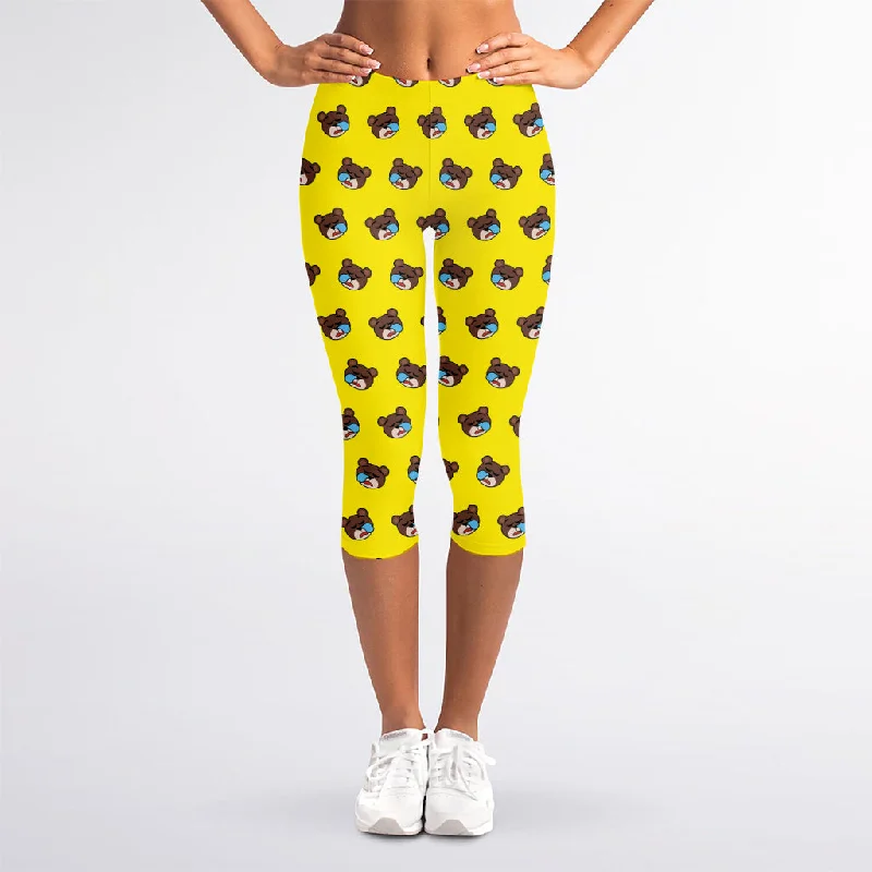 Early Access Sleeping Bear Emoji Pattern Print Women's Capri Leggings