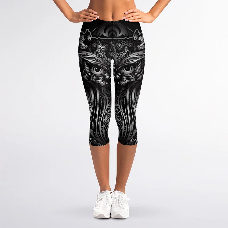 Price Drop Alert Sliver Spiritual Owl Print Women's Capri Leggings