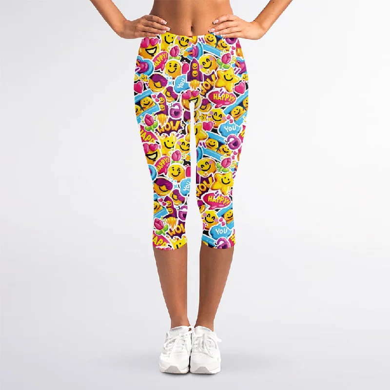 Deal Explosion Smiley Faces Emoji Pattern Print Women's Capri Leggings