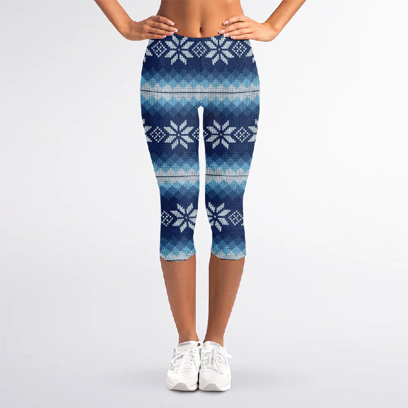 Warehouse Sale Snow Flower Knitted Pattern Print Women's Capri Leggings