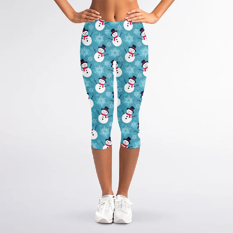 Referral Discount Snowman And Snowflake Pattern Print Women's Capri Leggings