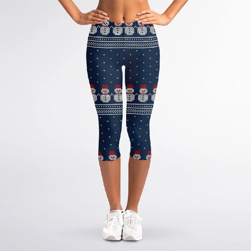 Season Finale Sale Snowman Knitted Pattern Print Women's Capri Leggings