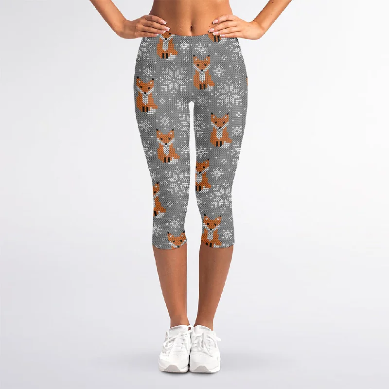 Midnight Sale Snowy Fox Knitted Pattern Print Women's Capri Leggings