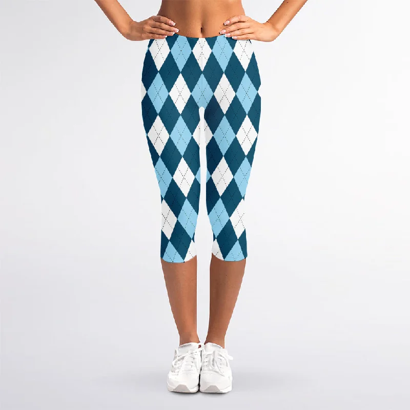 Super Savings Soft Blue Argyle Pattern Print Women's Capri Leggings