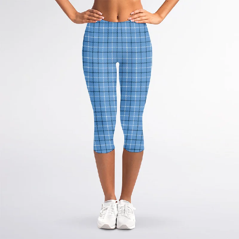 Doorbuster Deal Solf Blue Tattersall Pattern Print Women's Capri Leggings