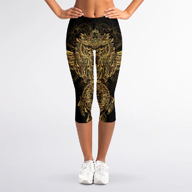 Instant Discount Spiritual Owl With Dreamcatcher Print Women's Capri Leggings