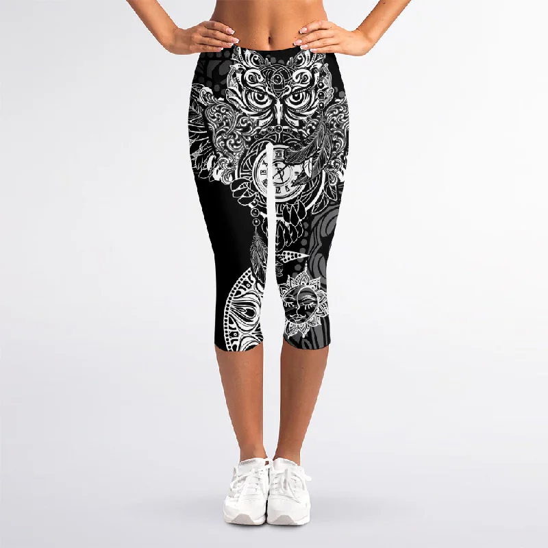 Deep Discounts Spiritual Owl With Sun And Moon Print Women's Capri Leggings