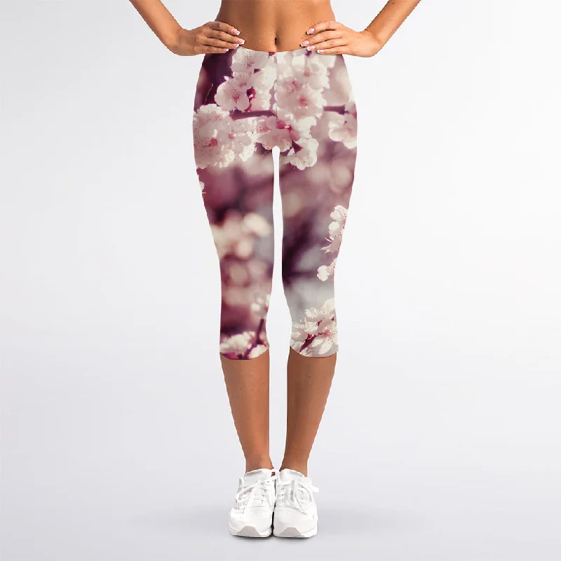 Fantastic Offers Spring Cherry Blossom Print Women's Capri Leggings