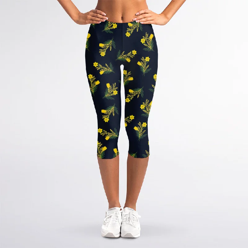 Closeout Spring Daffodil Flower Pattern Print Women's Capri Leggings