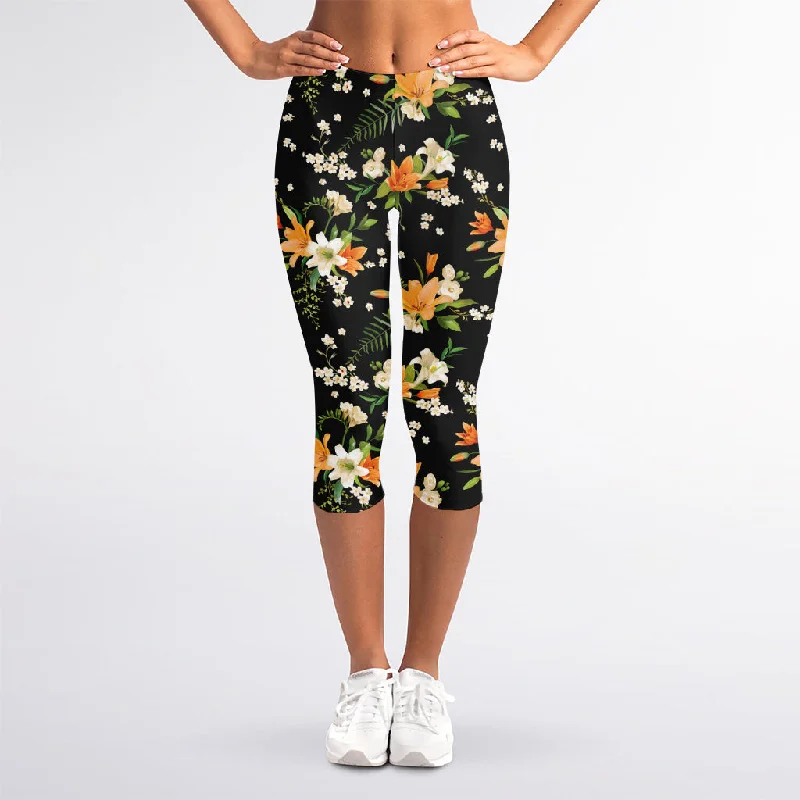 Mega Sale Spring Lily Flowers Pattern Print Women's Capri Leggings