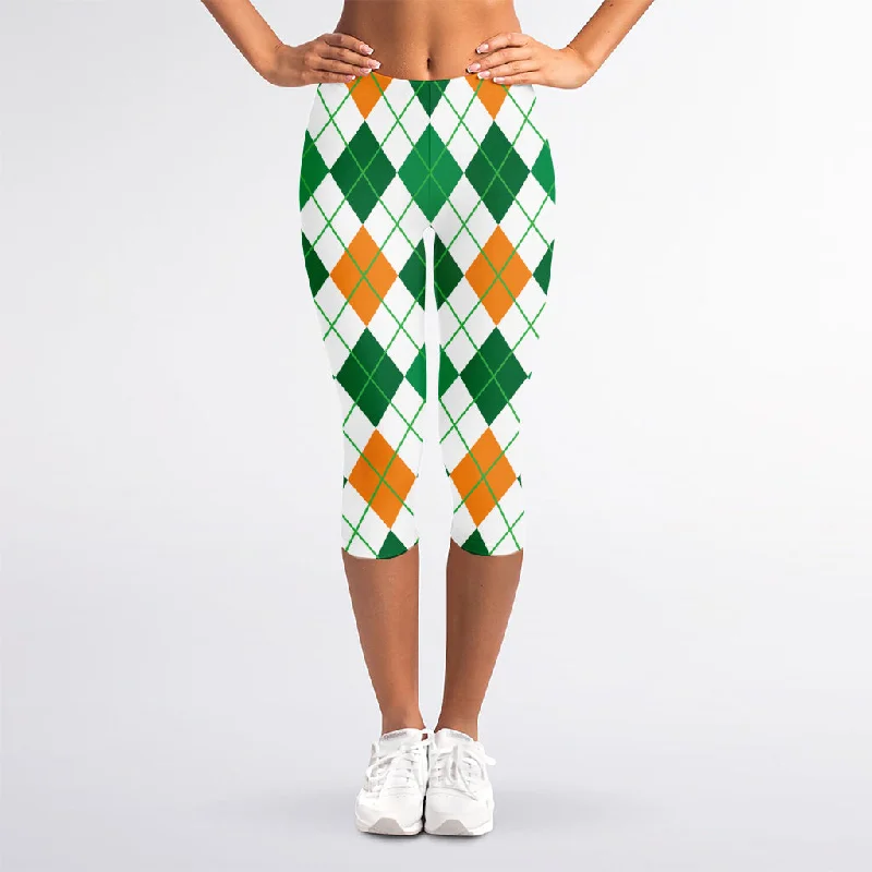 Special Savings St Patrick's Day Argyle Pattern Print Women's Capri Leggings