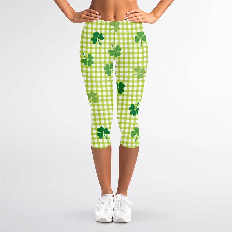 Weekend Deal St. Patrick's Day Buffalo Plaid Print Women's Capri Leggings