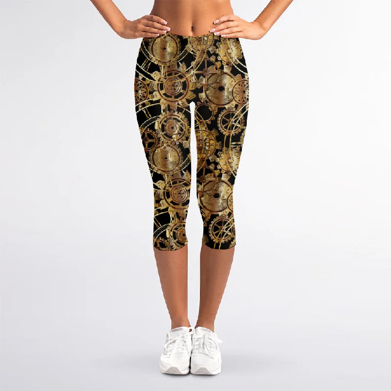 Price Cut Steampunk Clock Gears Print Women's Capri Leggings