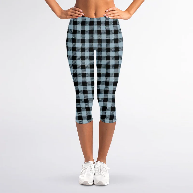 Don't Wait Steel Blue And Black Buffalo Check Print Women's Capri Leggings