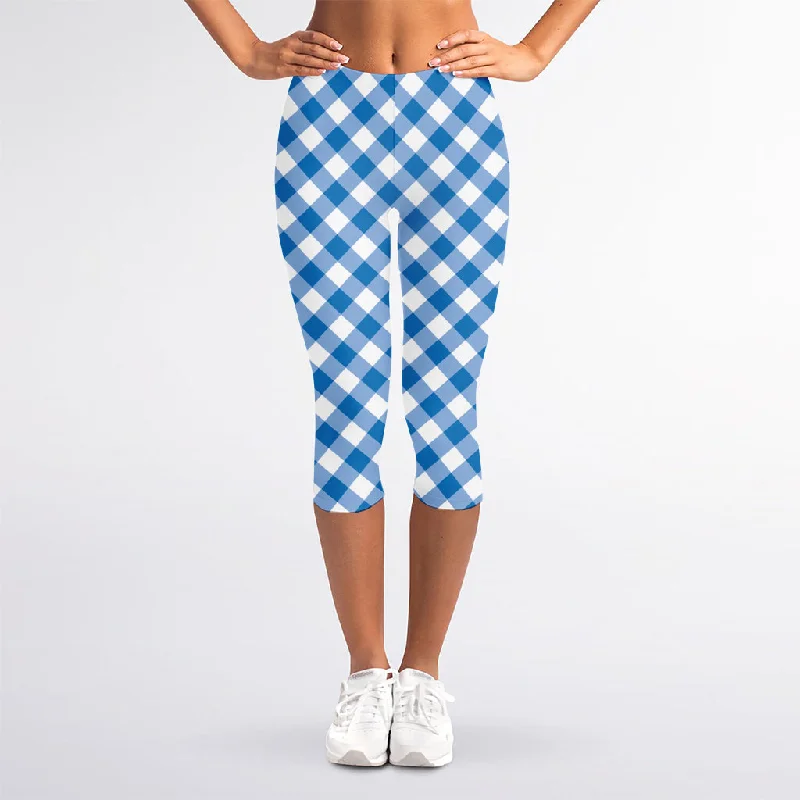 Daily Deals Steel Blue And White Gingham Print Women's Capri Leggings