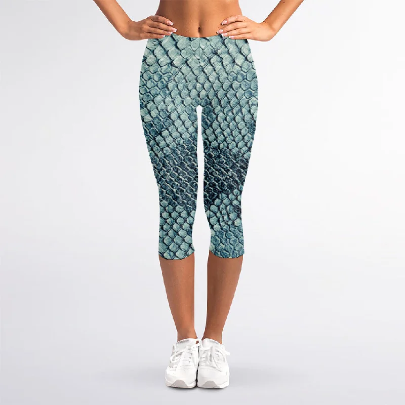 Can't Miss Steel Blue Snakeskin Print Women's Capri Leggings
