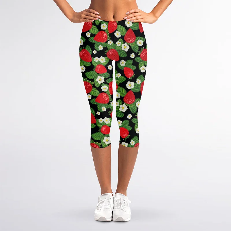 Deal Zone Strawberry And Flower Pattern Print Women's Capri Leggings