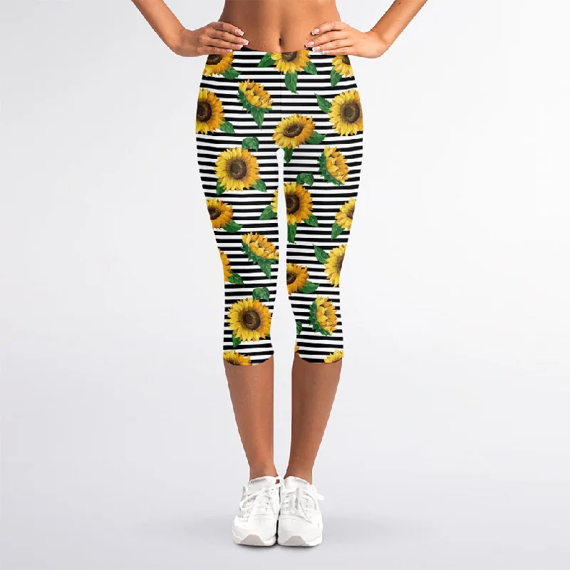 Deal Explosion Stripe Sunflower Pattern Print Women's Capri Leggings