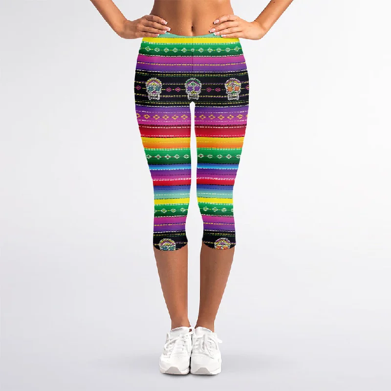 Mega Deal Sugar Skull Mexican Serape Pattern Print Women's Capri Leggings