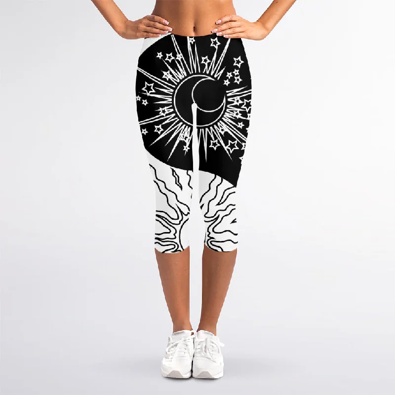 Weekend Flash Sale Sun And Moon Yin Yang Print Women's Capri Leggings