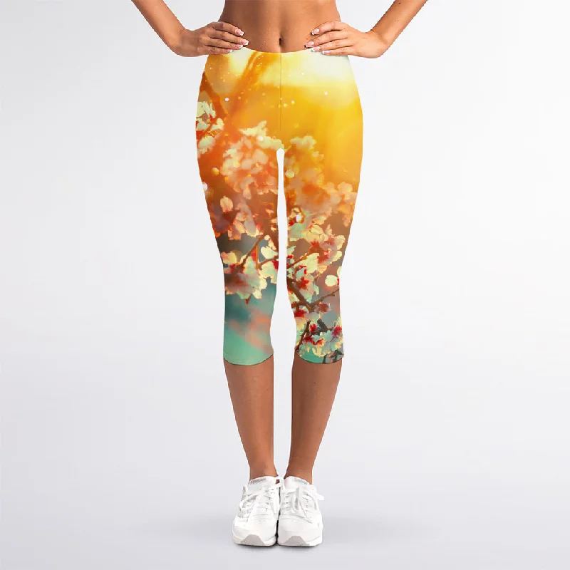 Super Savings Sunrise Japanese Cherry Blossom Print Women's Capri Leggings