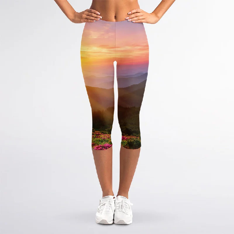 Price Drop Sunrise Mountain Print Women's Capri Leggings