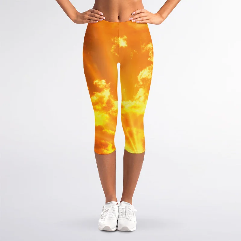 Flash Sale Sunrise Sky Print Women's Capri Leggings