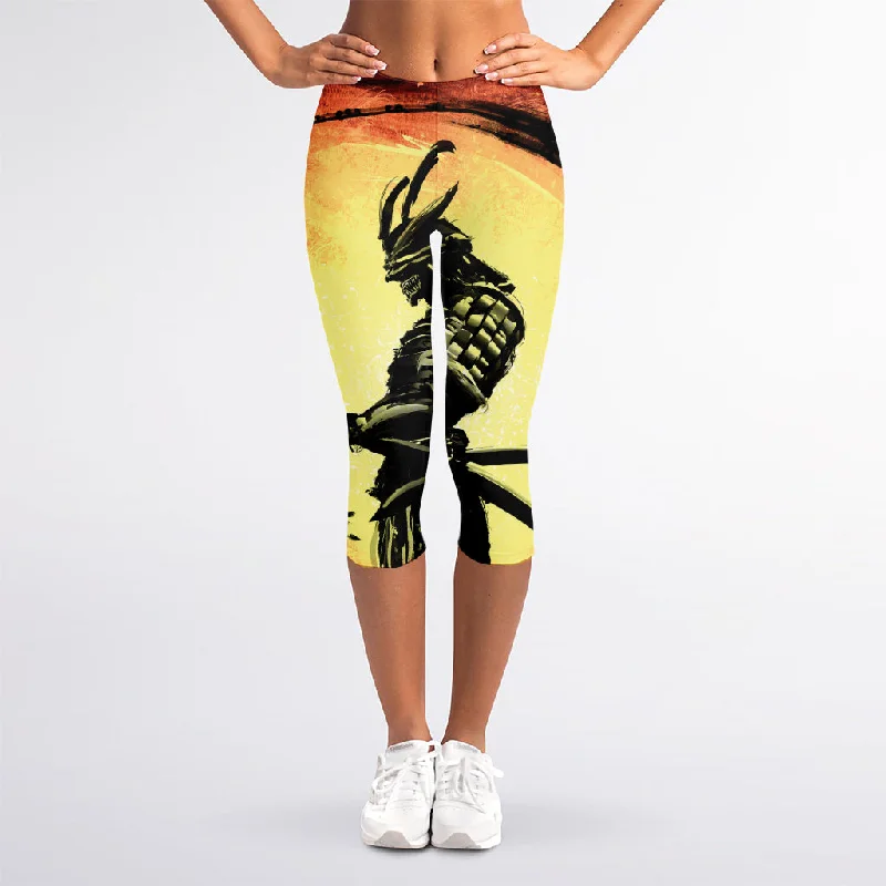 Year-End Clearance Sunset Samurai Warrior Print Women's Capri Leggings