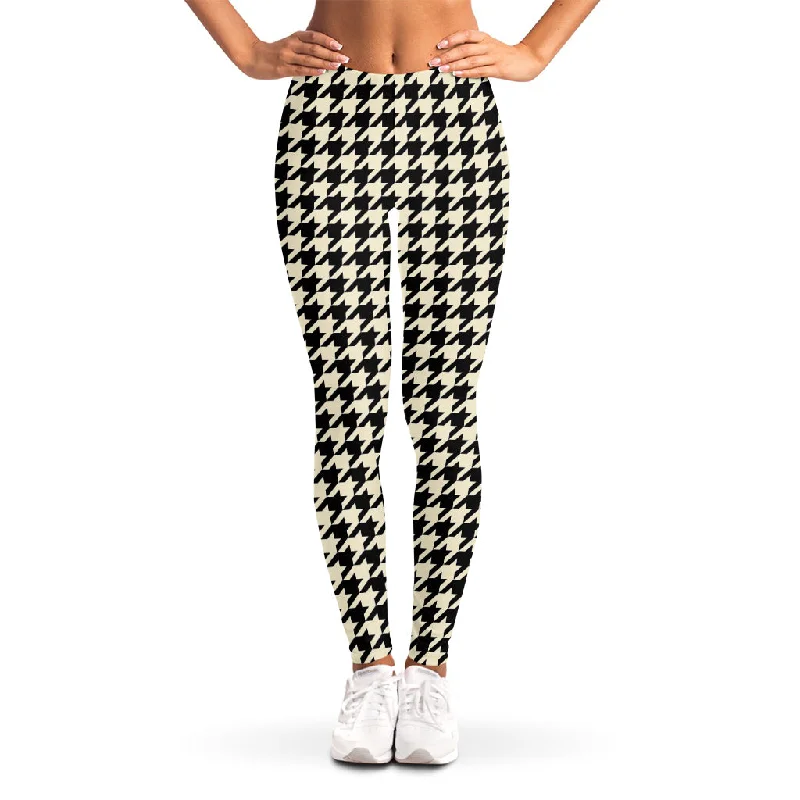 Online Exclusive Tan And Black Houndstooth Pattern Print Women's Leggings