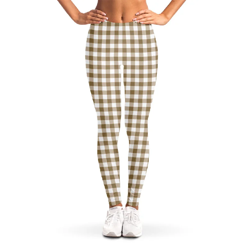 Limited Quantity Tan And White Gingham Pattern Print Women's Leggings