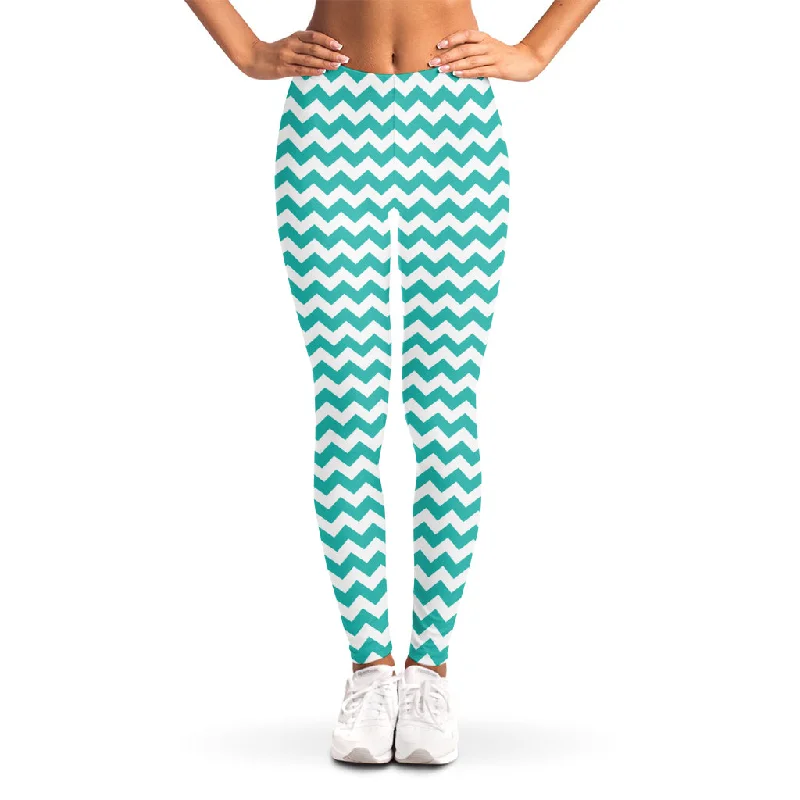 Unbeatable Prices Teal And White Chevron Pattern Print Women's Leggings
