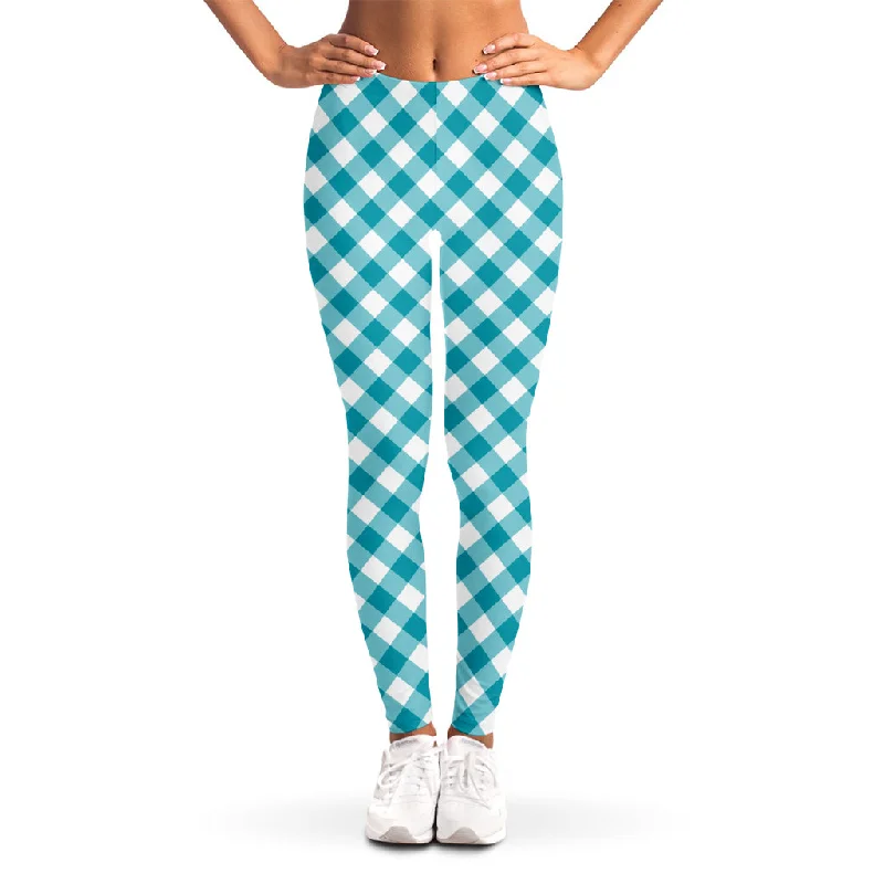 Exclusive Deal Teal And White Gingham Pattern Print Women's Leggings
