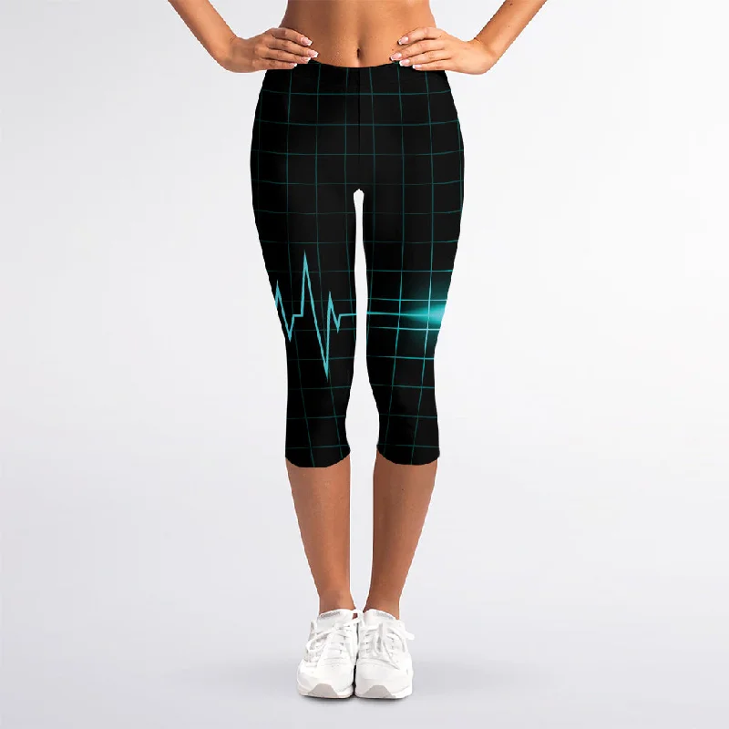 Now or Never Teal Heartbeat Print Women's Capri Leggings