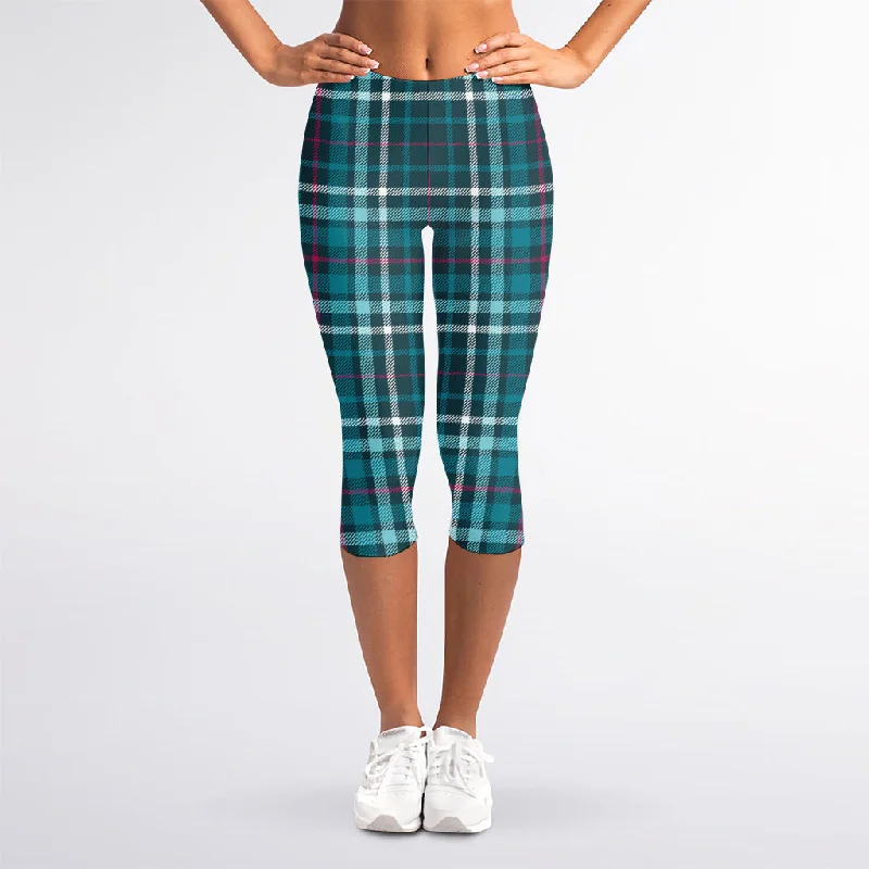 Lowest Price Teal Plaid Pattern Print Women's Capri Leggings