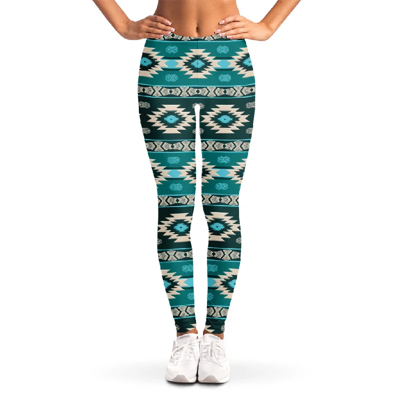 Great Deals Teal Southwestern Navajo Pattern Print Women's Leggings