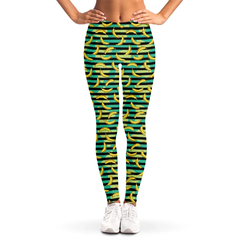 Hurry In Teal Striped Banana Pattern Print Women's Leggings