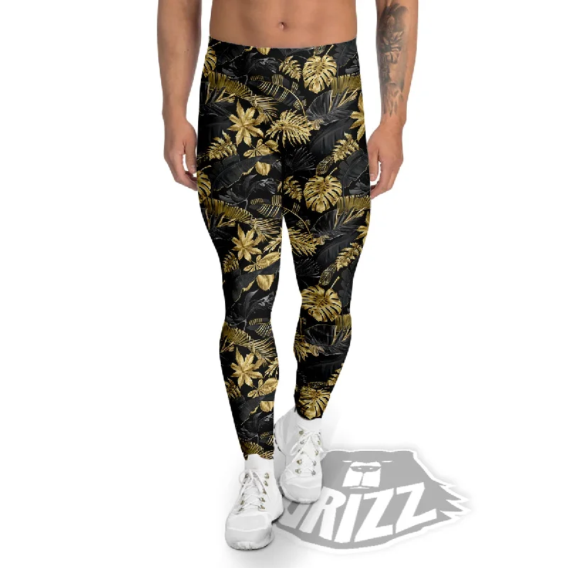 New Markdowns Tropical Gold And Black Print Pattern Men's Leggings