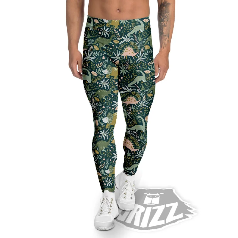 Act Fast Tropical Leaves Cute Dino Print Pattern Men's Leggings