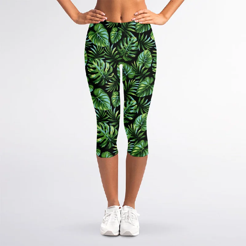 Closeout Sale Tropical Monstera Leaves Pattern Print Women's Capri Leggings